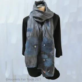 Kyrgyz Silk and Felted Scarf, Blue Poppies on Charcoal