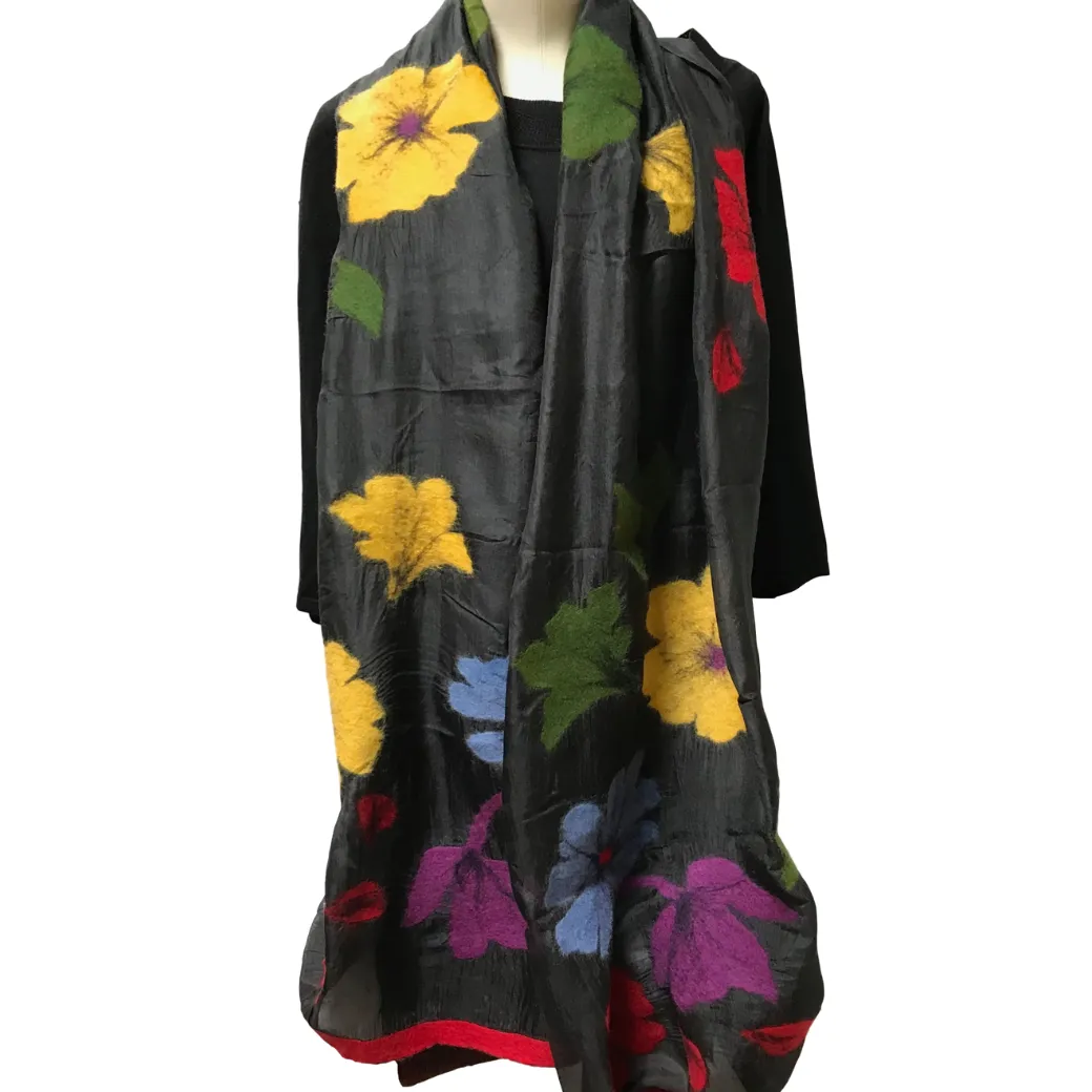 Kyrgyz Silk and Felted Scarf, Multi-Colored Poppies on Black