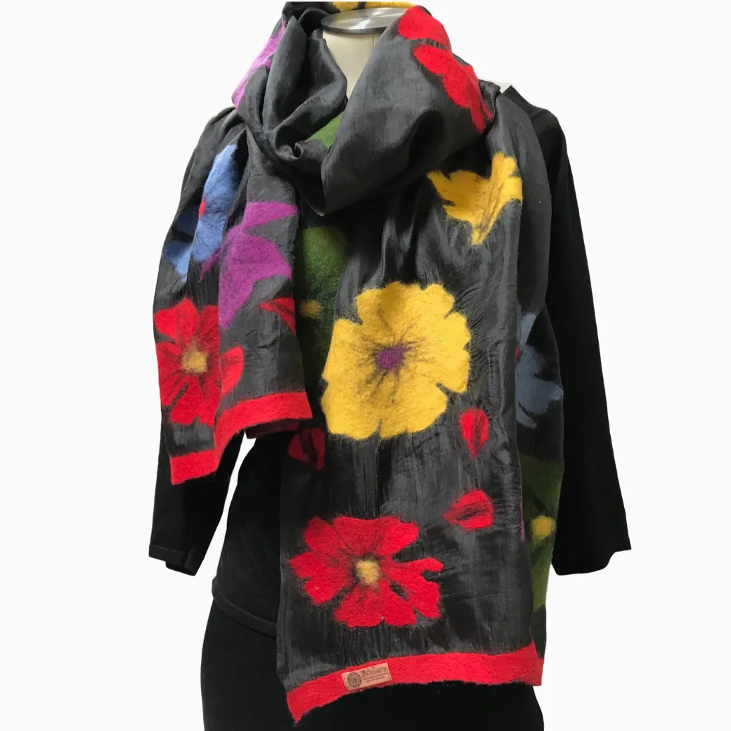 Kyrgyz Silk and Felted Scarf, Multi-Colored Poppies on Black