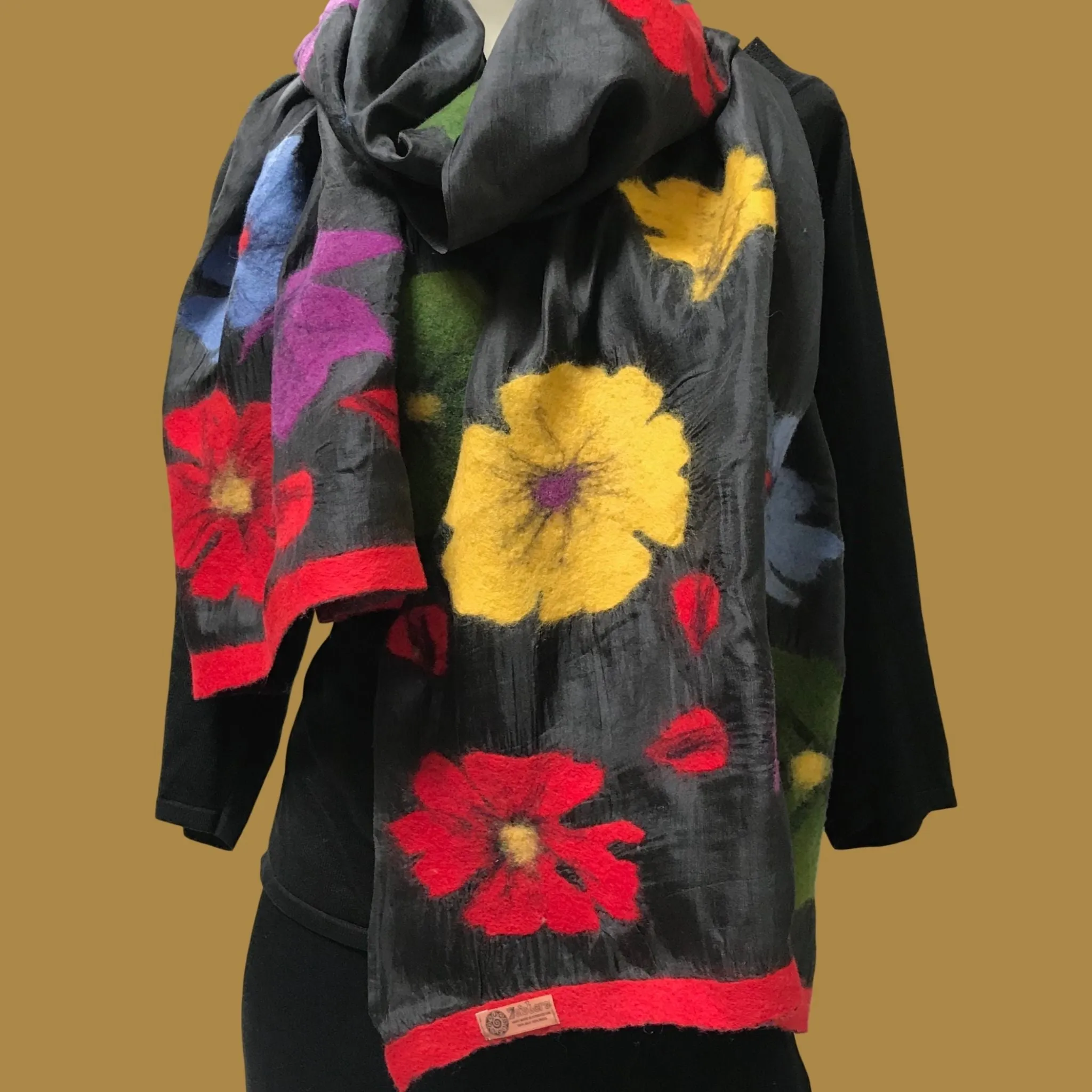 Kyrgyz Silk and Felted Scarf, Multi-Colored Poppies on Black