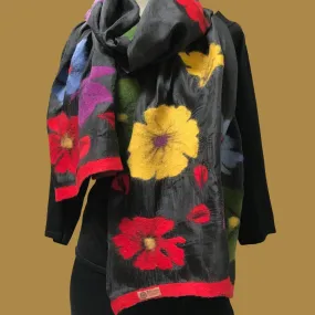 Kyrgyz Silk and Felted Scarf, Multi-Colored Poppies on Black