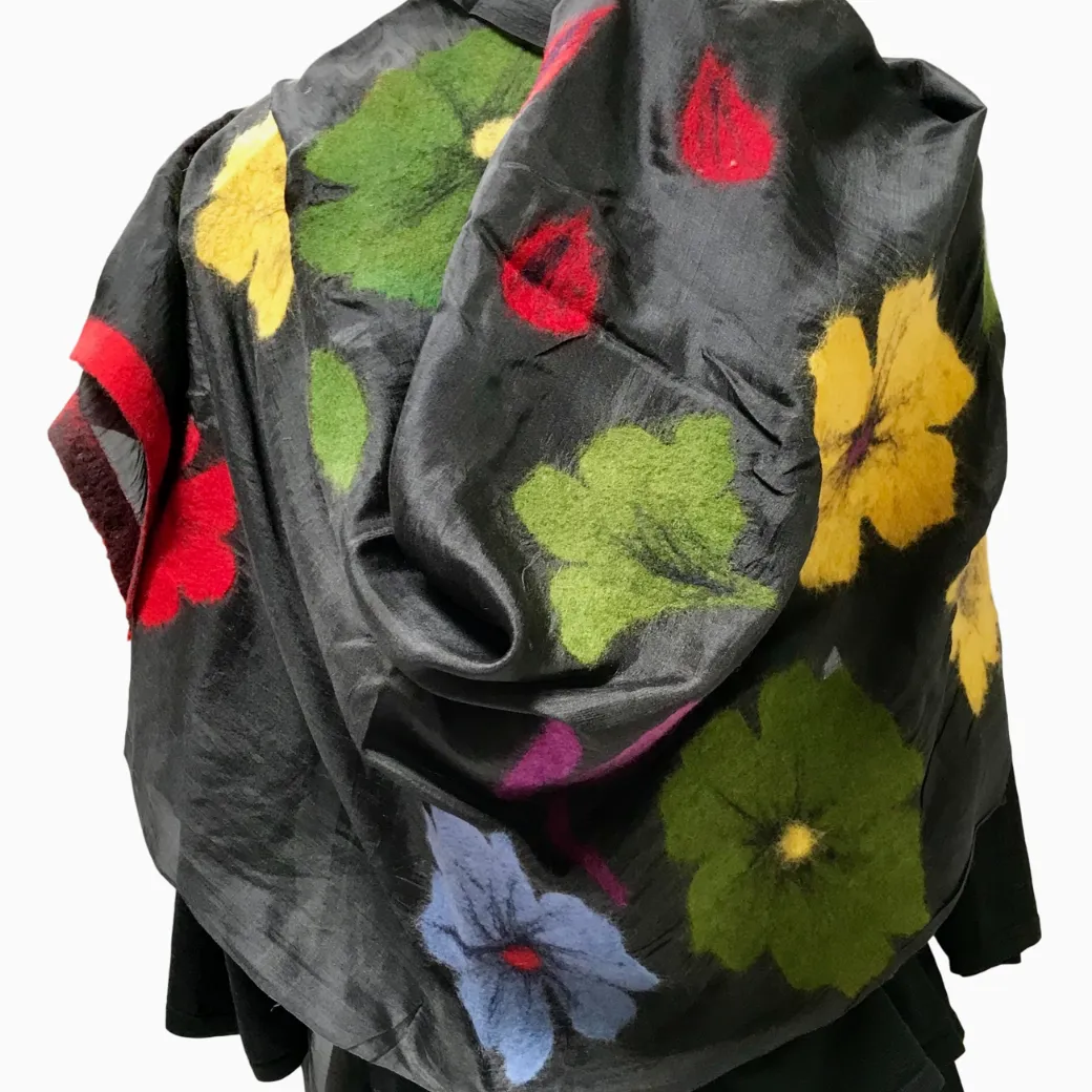 Kyrgyz Silk and Felted Scarf, Multi-Colored Poppies on Black