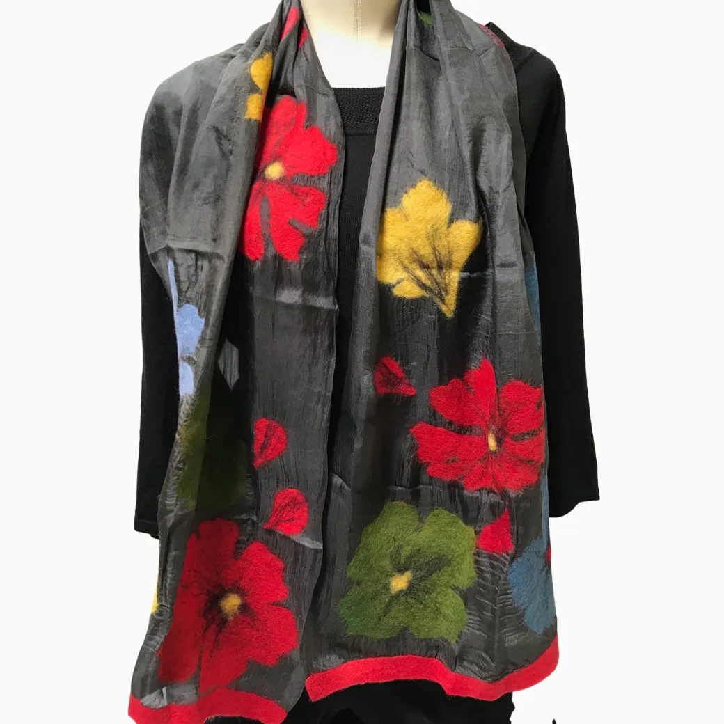 Kyrgyz Silk and Felted Scarf, Multi-Colored Poppies on Black