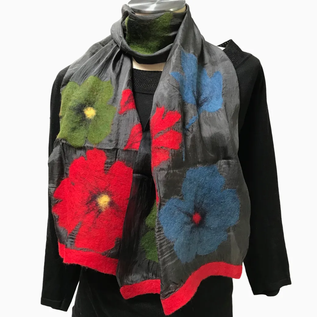 Kyrgyz Silk and Felted Scarf, Multi-Colored Poppies on Black