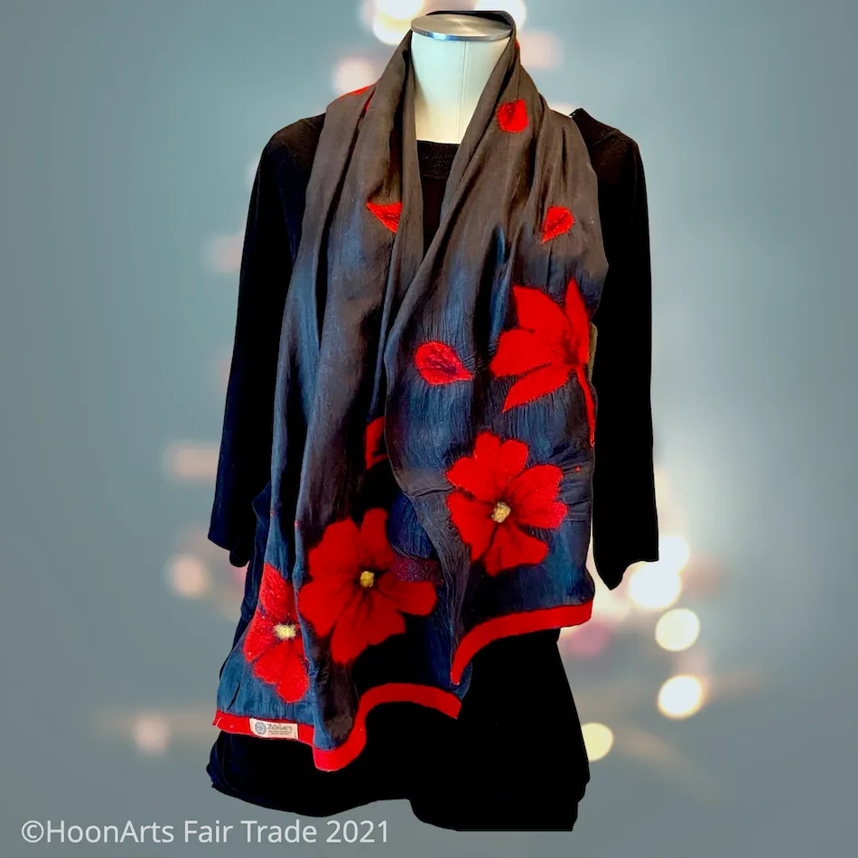 Kyrgyz Silk and Felted Scarf, Red Poppies on Black