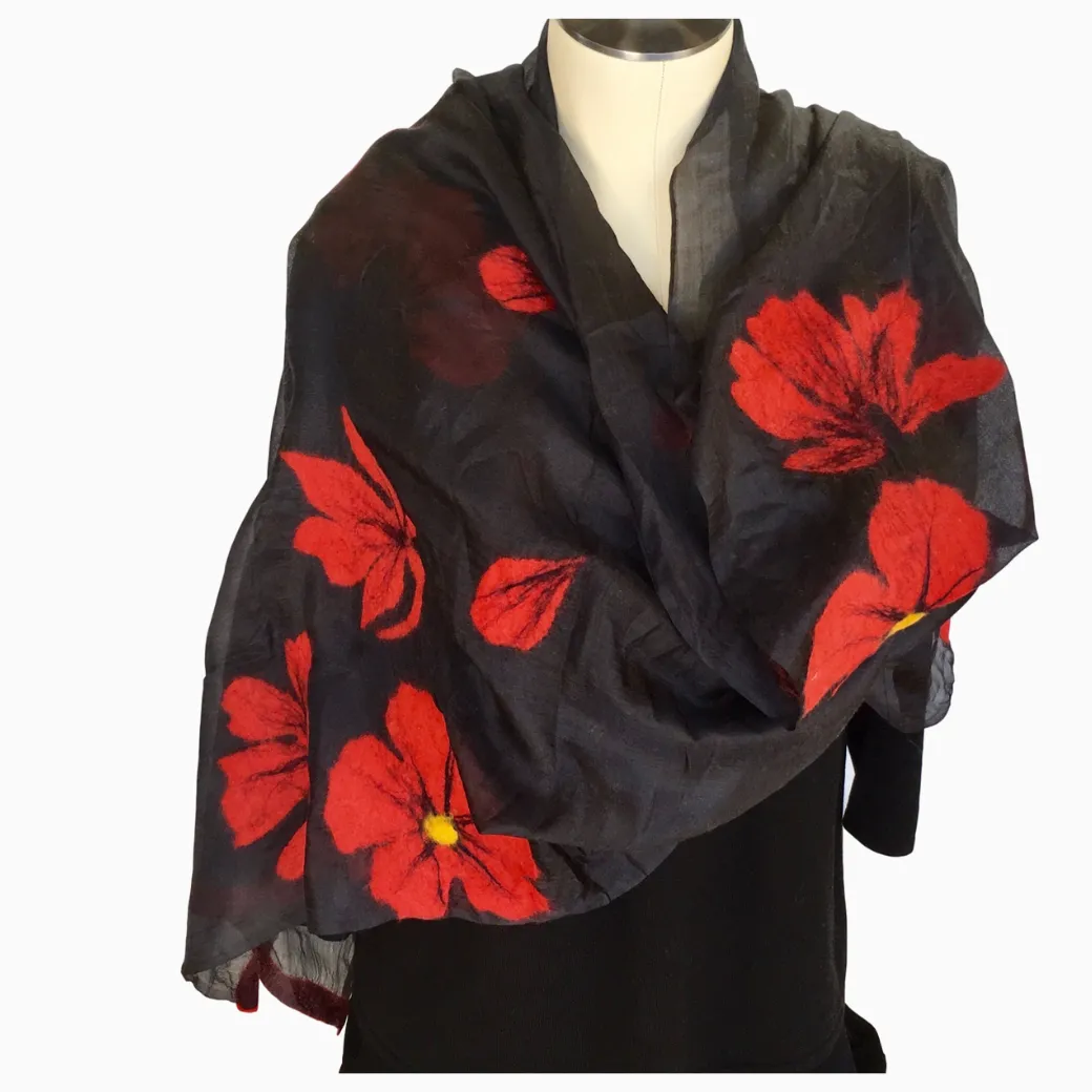 Kyrgyz Silk and Felted Scarf, Red Poppies on Black