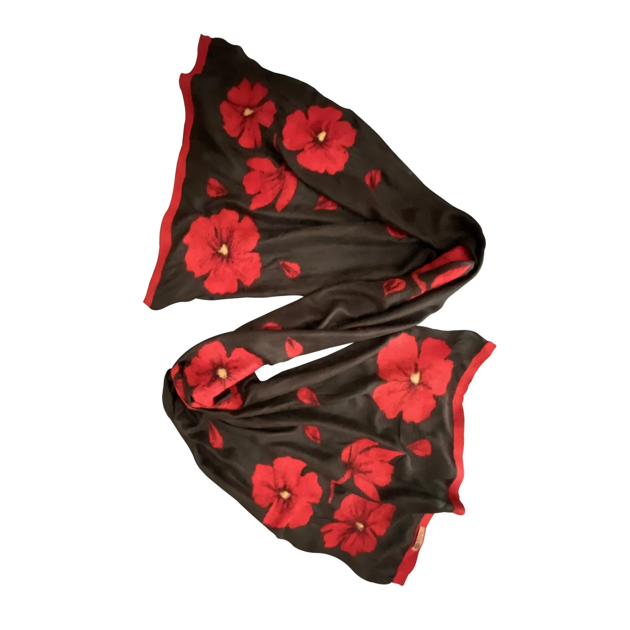 Kyrgyz Silk and Felted Scarf, Red Poppies on Black