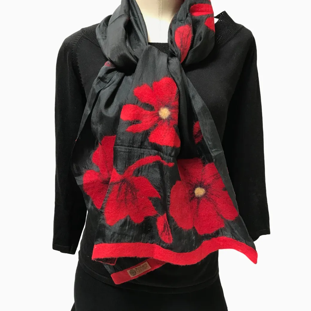 Kyrgyz Silk and Felted Scarf, Red Poppies on Black