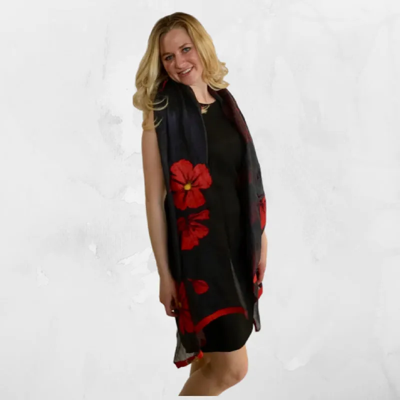 Kyrgyz Silk and Felted Scarf, Red Poppies on Black