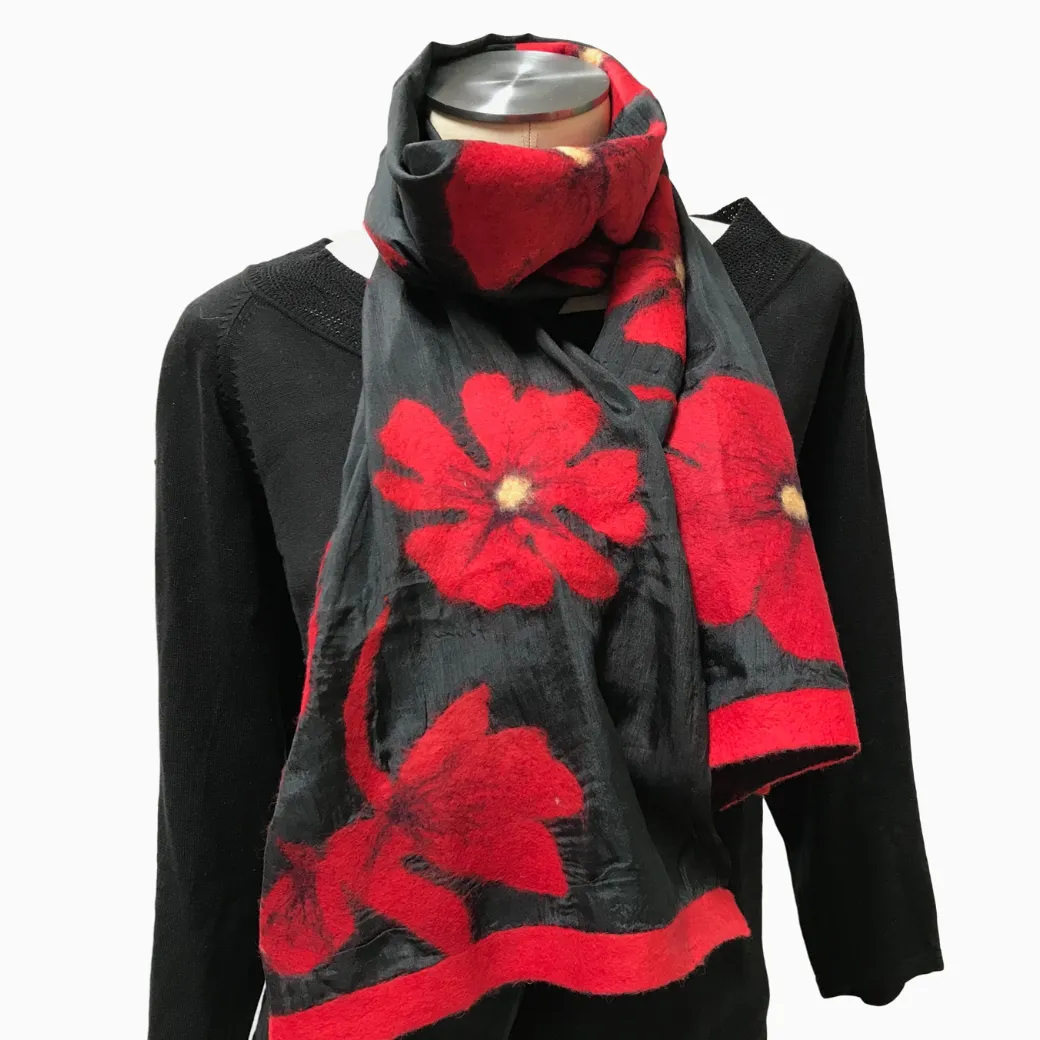 Kyrgyz Silk and Felted Scarf, Red Poppies on Black