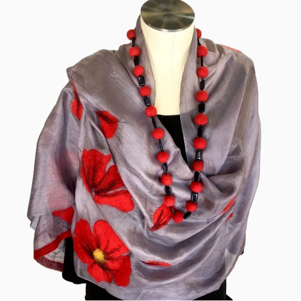 Kyrgyz Silk and Felted Scarf, Red Poppies on Light Grey