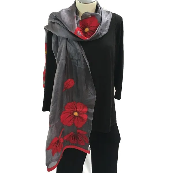 Kyrgyz Silk and Felted Scarf, Red Poppies on Light Grey