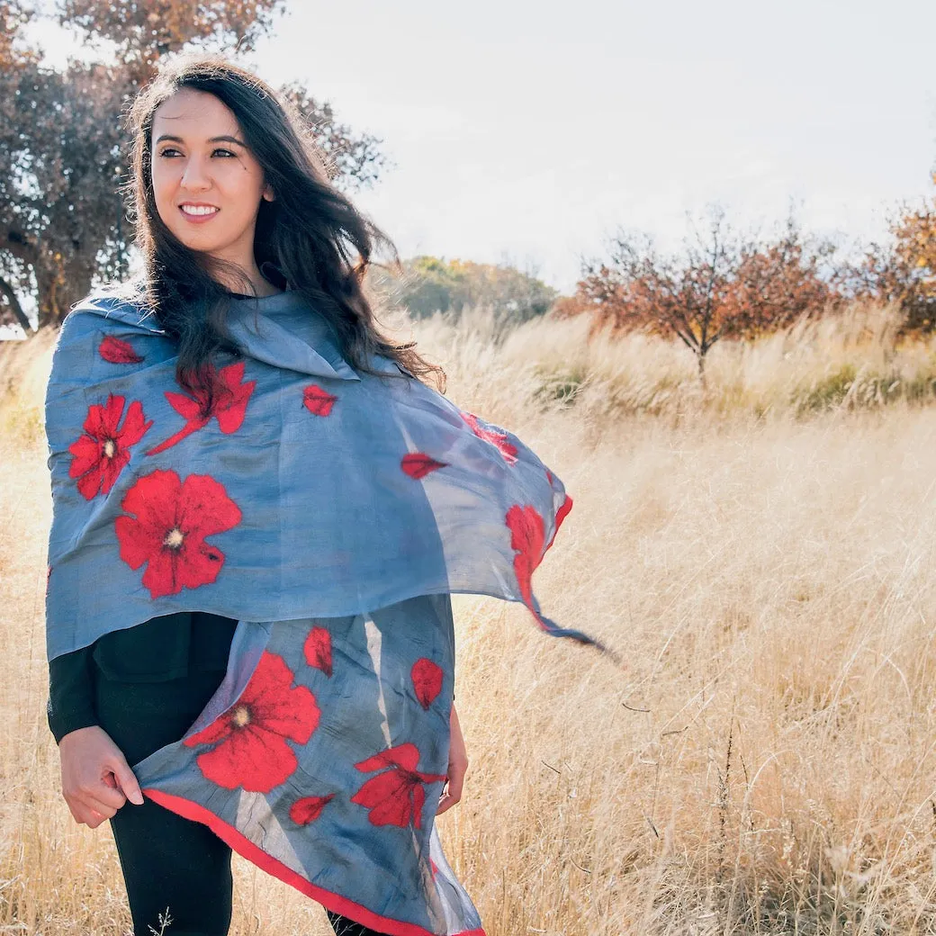 Kyrgyz Silk and Felted Scarf, Red Poppies on Light Grey