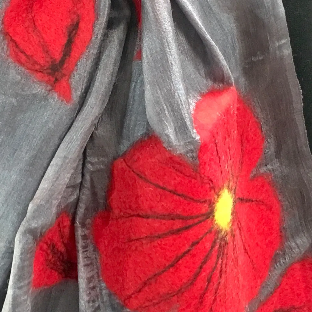 Kyrgyz Silk and Felted Scarf, Red Poppies on Light Grey