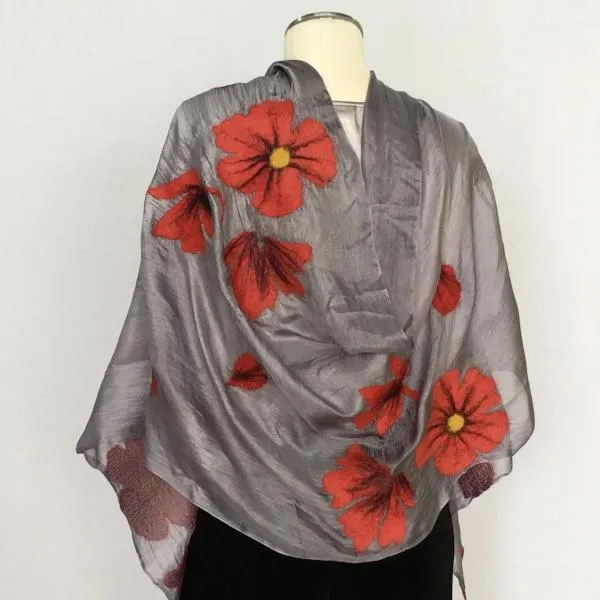 Kyrgyz Silk and Felted Scarf, Red Poppies on Light Grey