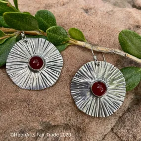 Large Round Sunburst Silver Earrings with Carnelian from Krygyzstan-"Zhanyl"