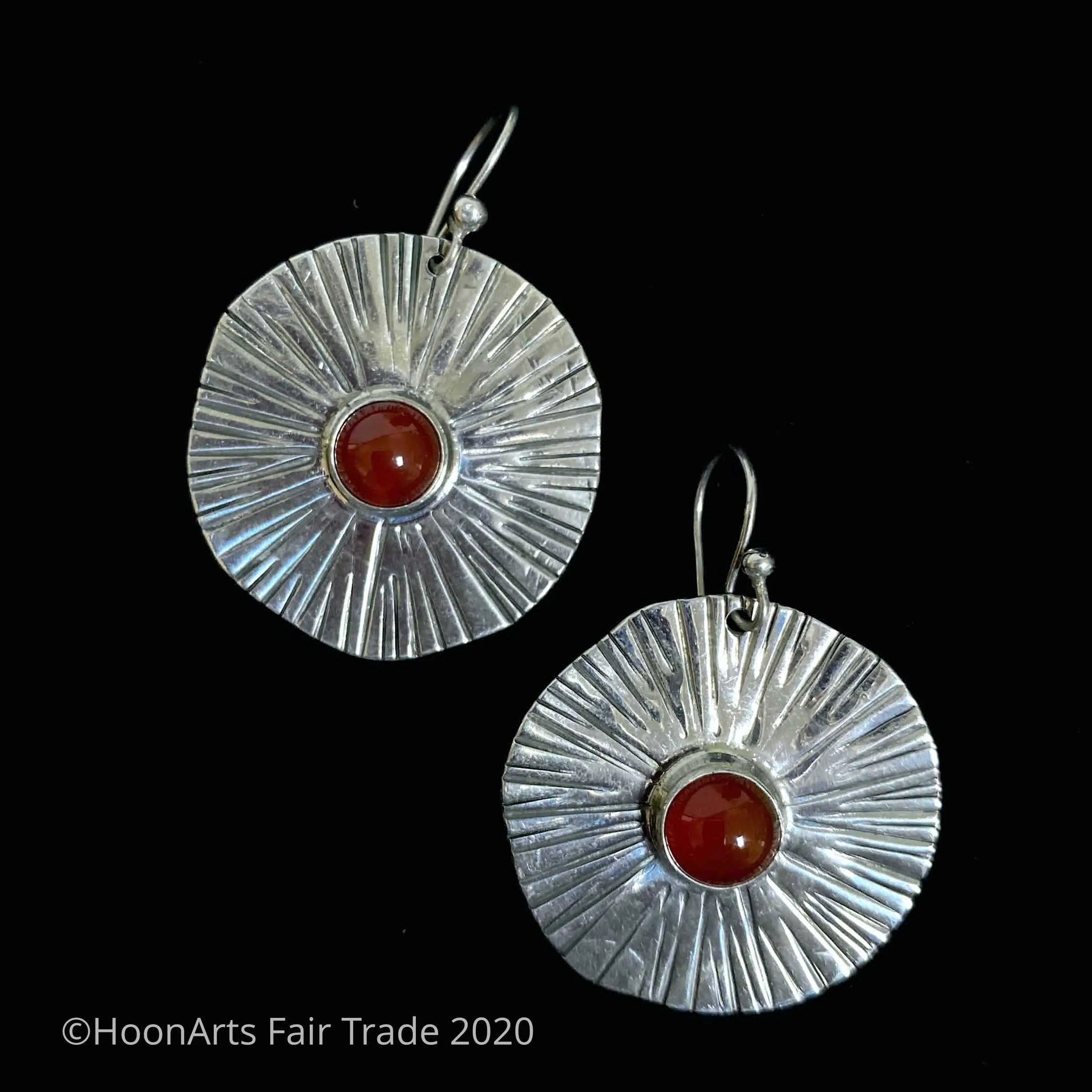 Large Round Sunburst Silver Earrings with Carnelian from Krygyzstan-"Zhanyl"