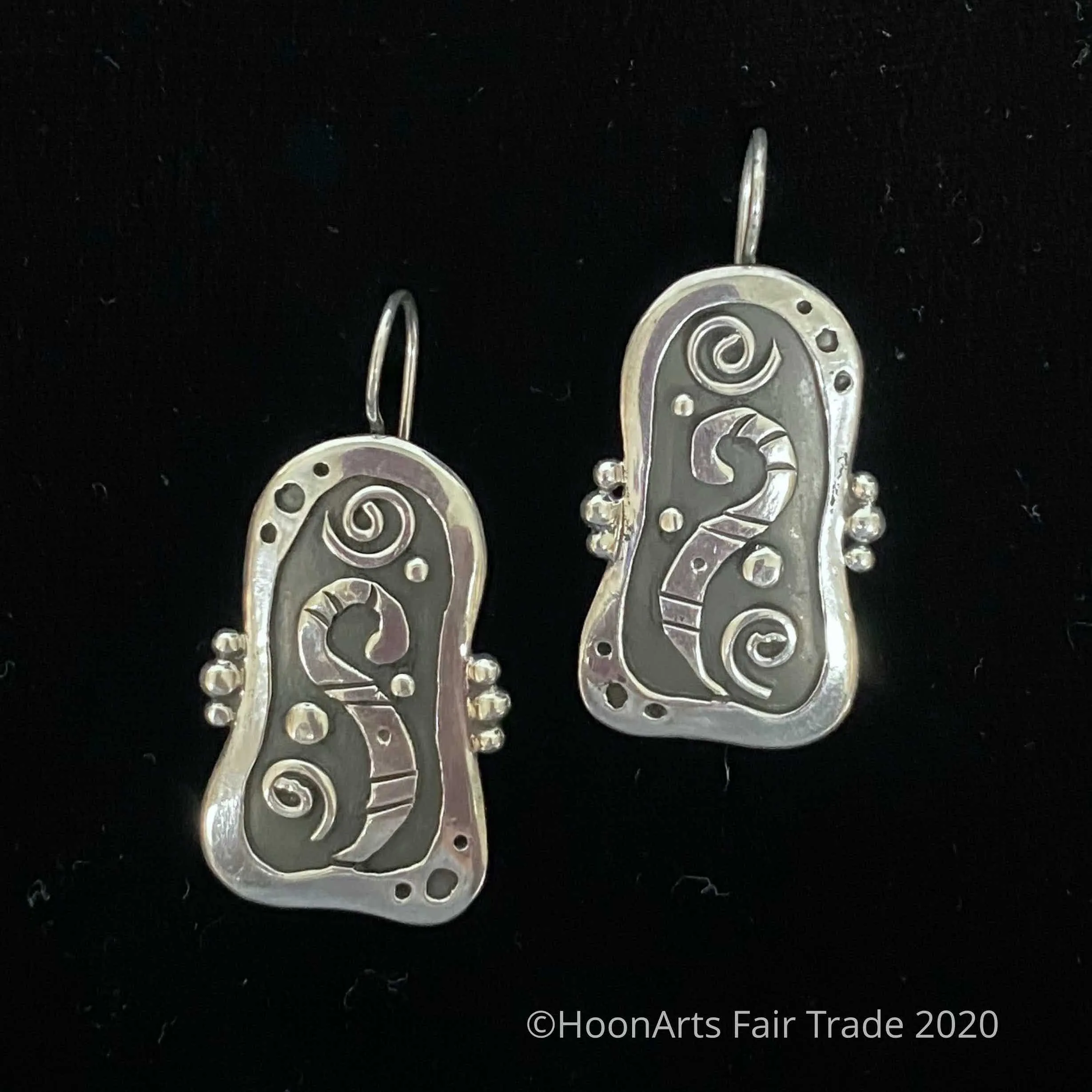 Large Silver Rectangular Swirl Earrings from Kyrgyzstan -"Farzana"