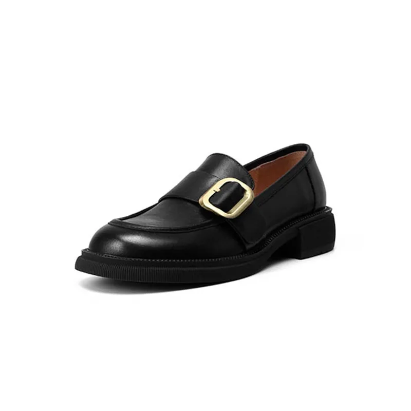 Leather Loafers for Women with Metal Buckle Round Toe in Brown/Black/Beige