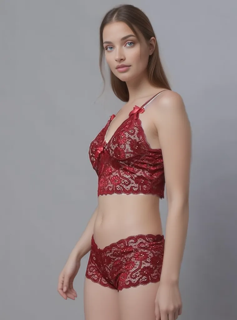 Maroon Lace Bra & Panty Lingerie Set by Shararat