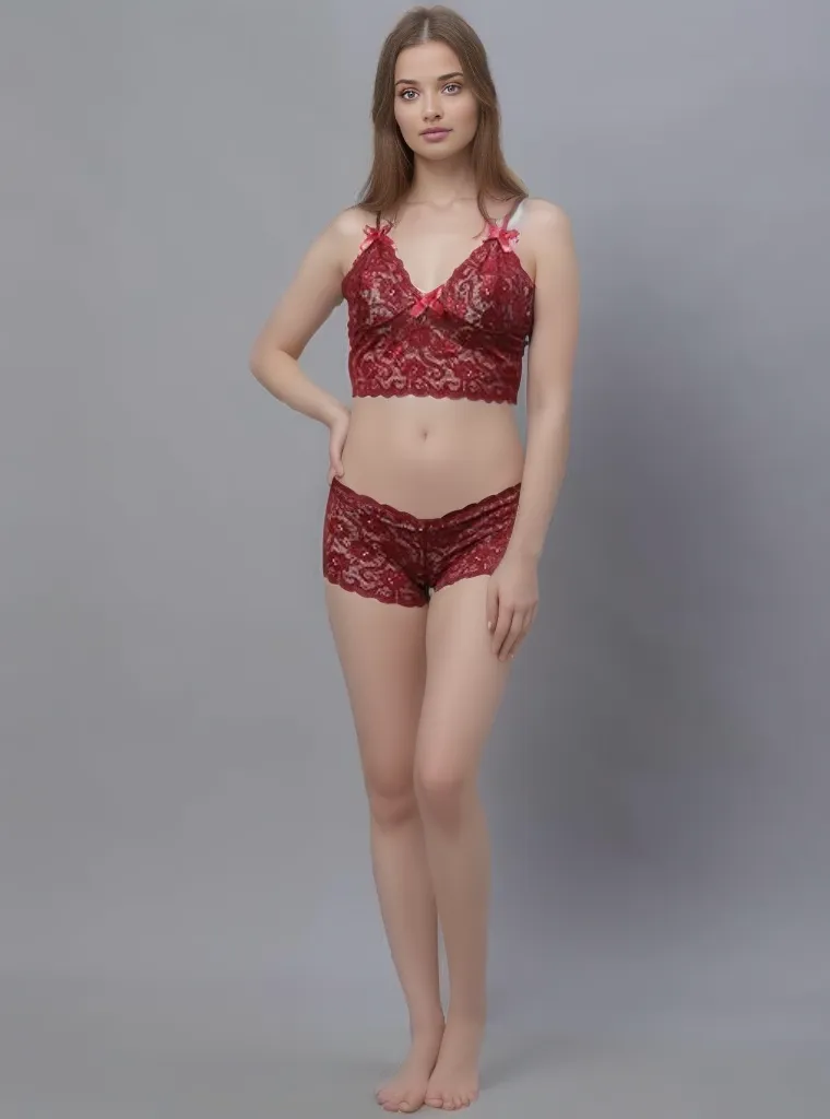 Maroon Lace Bra & Panty Lingerie Set by Shararat