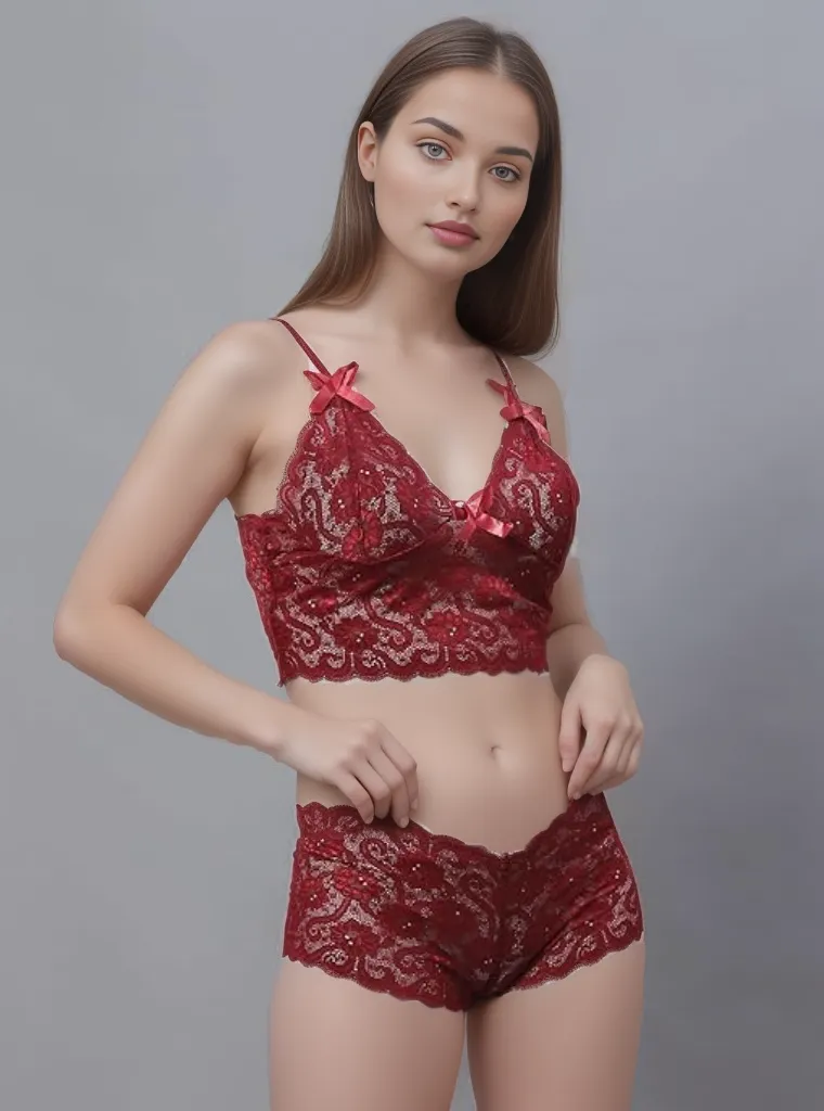 Maroon Lace Bra & Panty Lingerie Set by Shararat