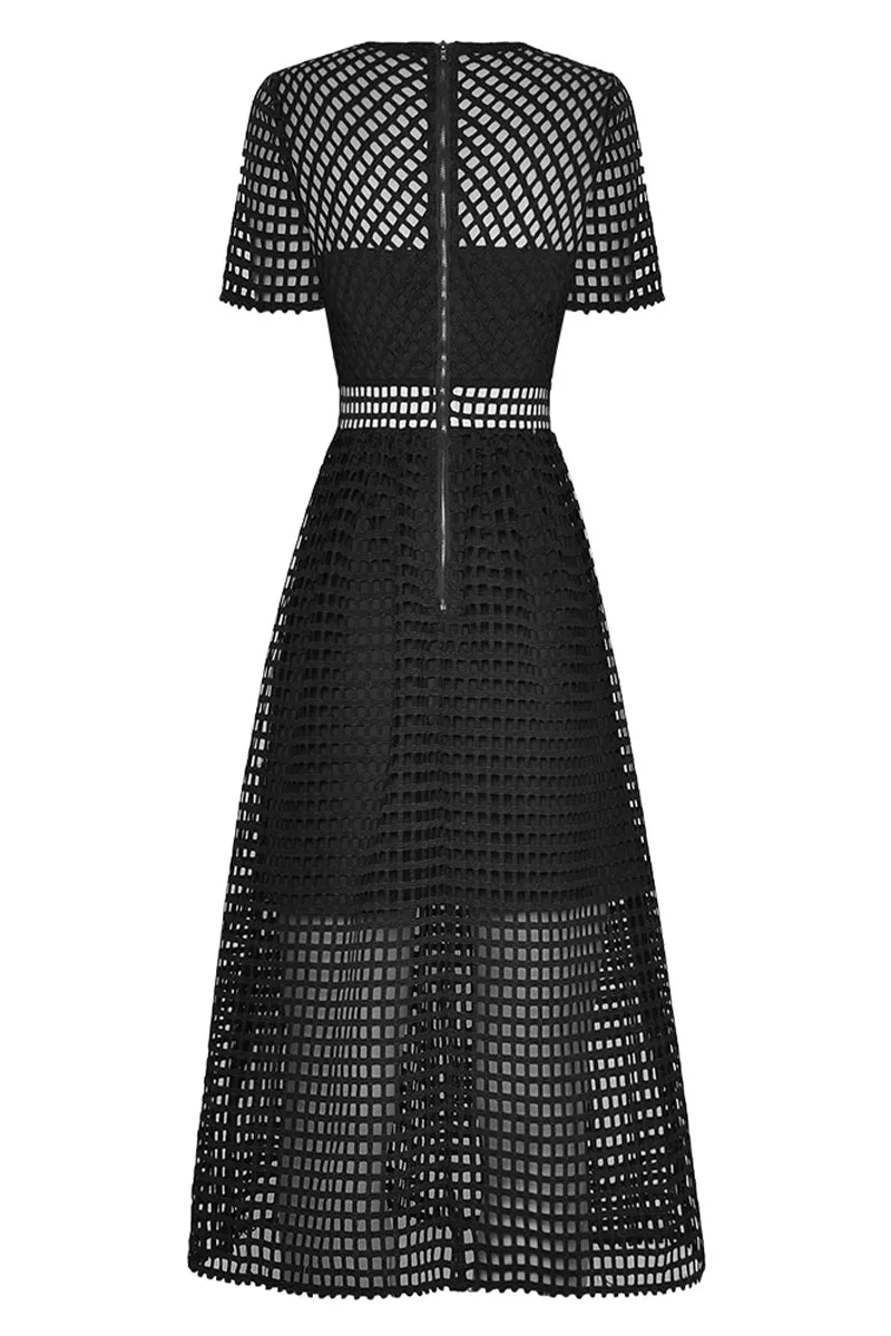 Perfect Evening Black Grid Lace Midi Dress