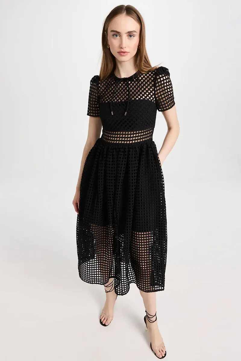 Perfect Evening Black Grid Lace Midi Dress