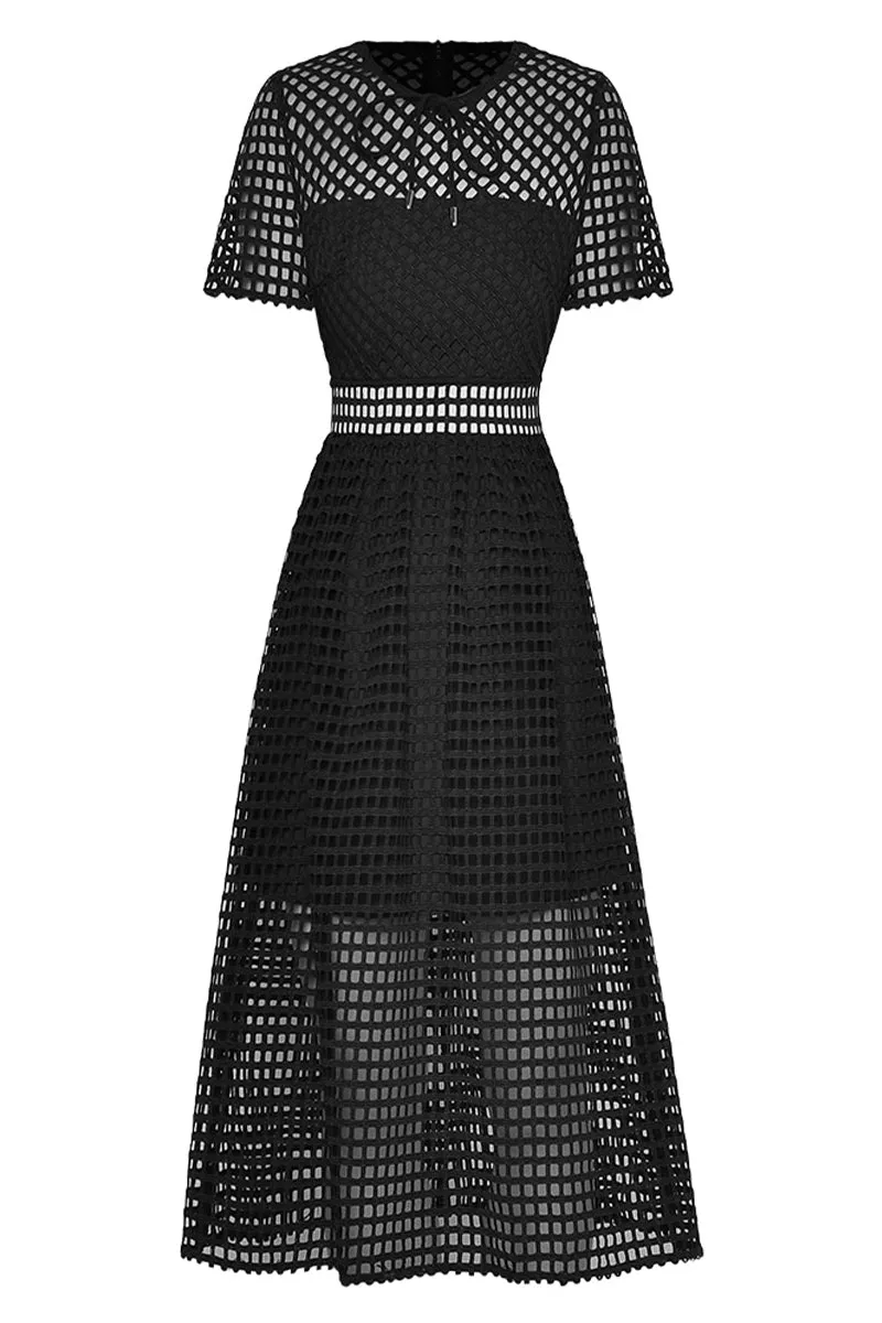 Perfect Evening Black Grid Lace Midi Dress