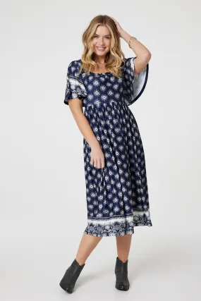 Printed 1/2 Batwing Sleeve Midi Dress