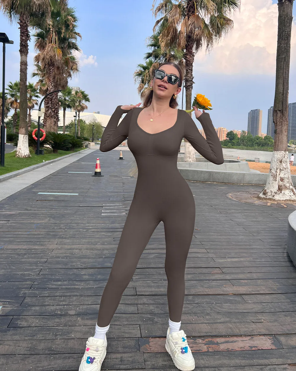 Ribbed bust ruched with sports bra long sleeve Jumpsuits