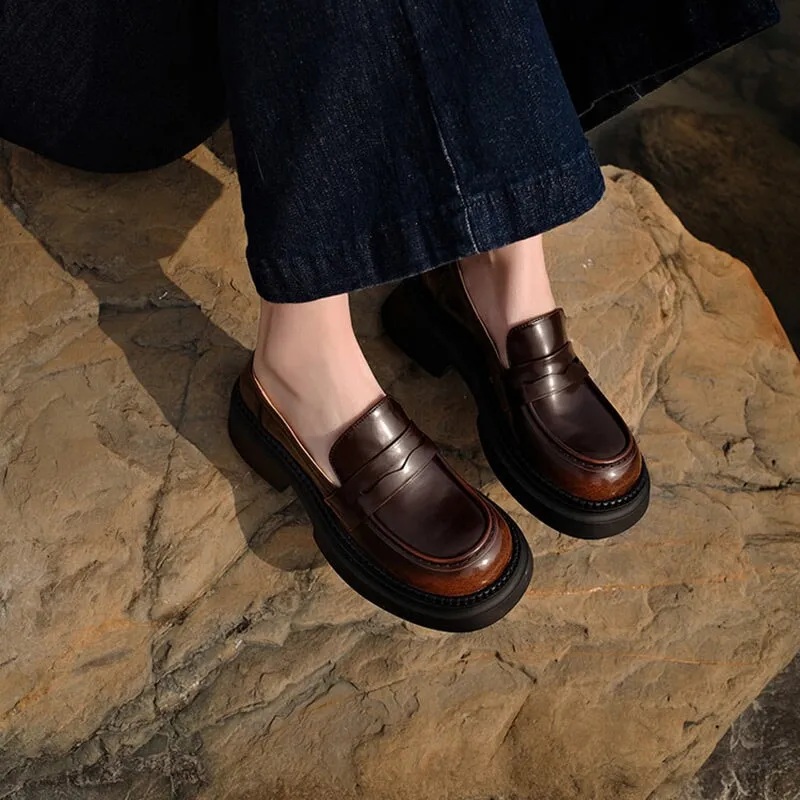 Round Toe Leather Penny Loafers for Women in Coffee/Black