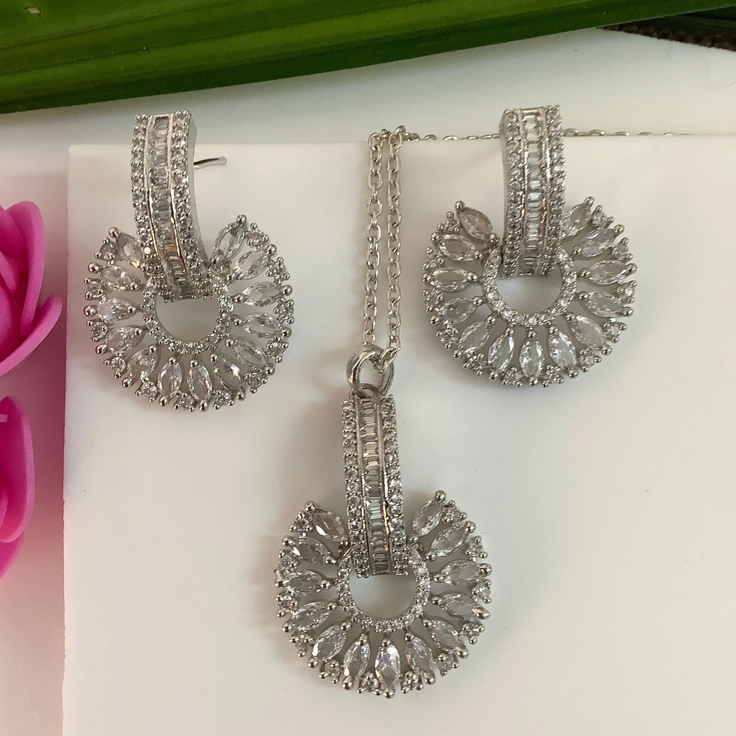 Salvanity American Diamond Pendant Set with earrings - SuryaMukham (Sun Face)