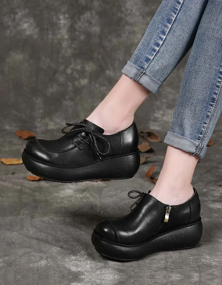 Side Lace-up Rounded Toes Retro Wedge Shoes