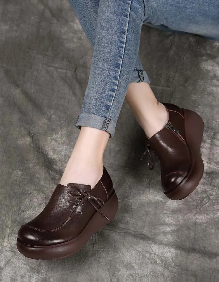 Side Lace-up Rounded Toes Retro Wedge Shoes