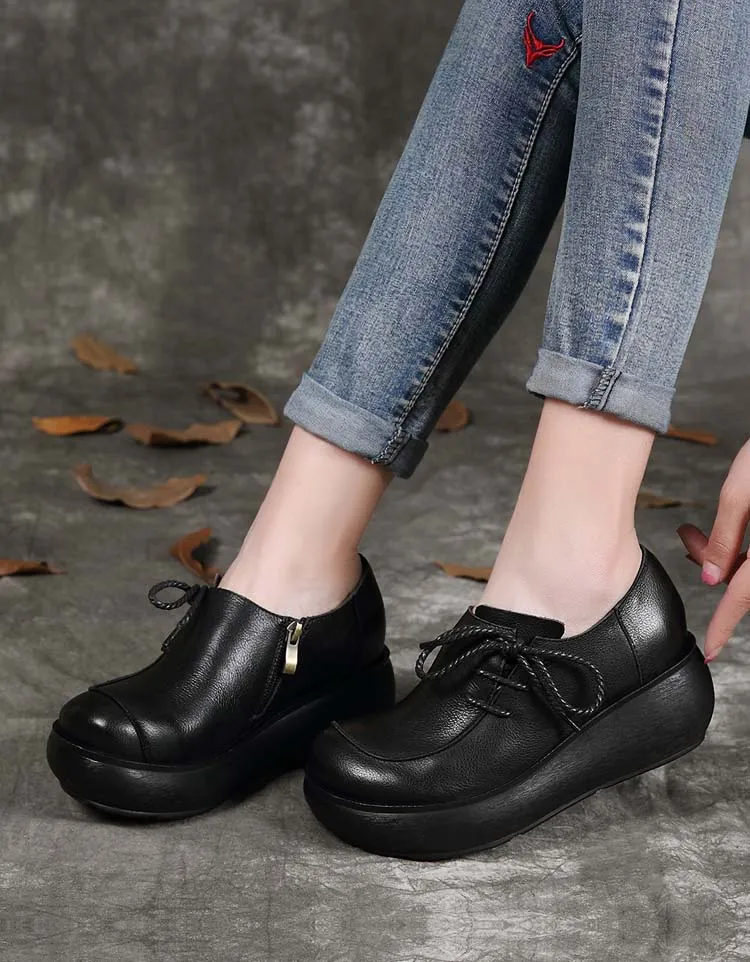 Side Lace-up Rounded Toes Retro Wedge Shoes