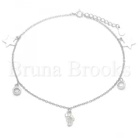 Sterling Silver 03.336.0053.10 Charm Anklet , Feet and Star Design, with White Cubic Zirconia, Polished Finish, Rhodium Tone