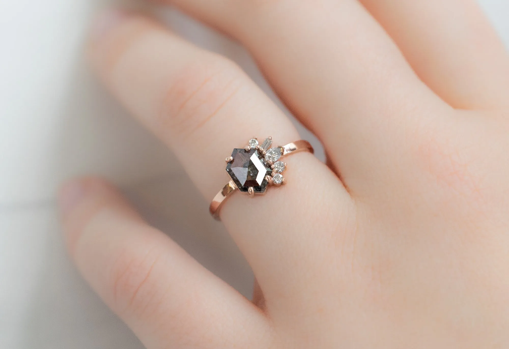 The Cluster Ring with a .87ct Salt and Pepper Diamond