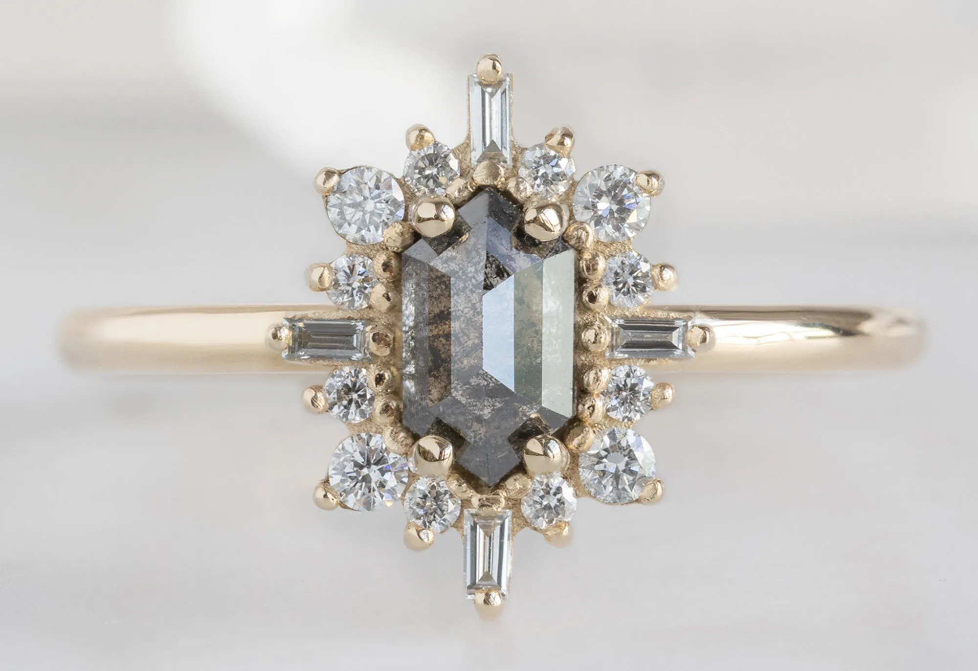 The Compass Ring with a .62ct Salt and Pepper Hexagon Diamond