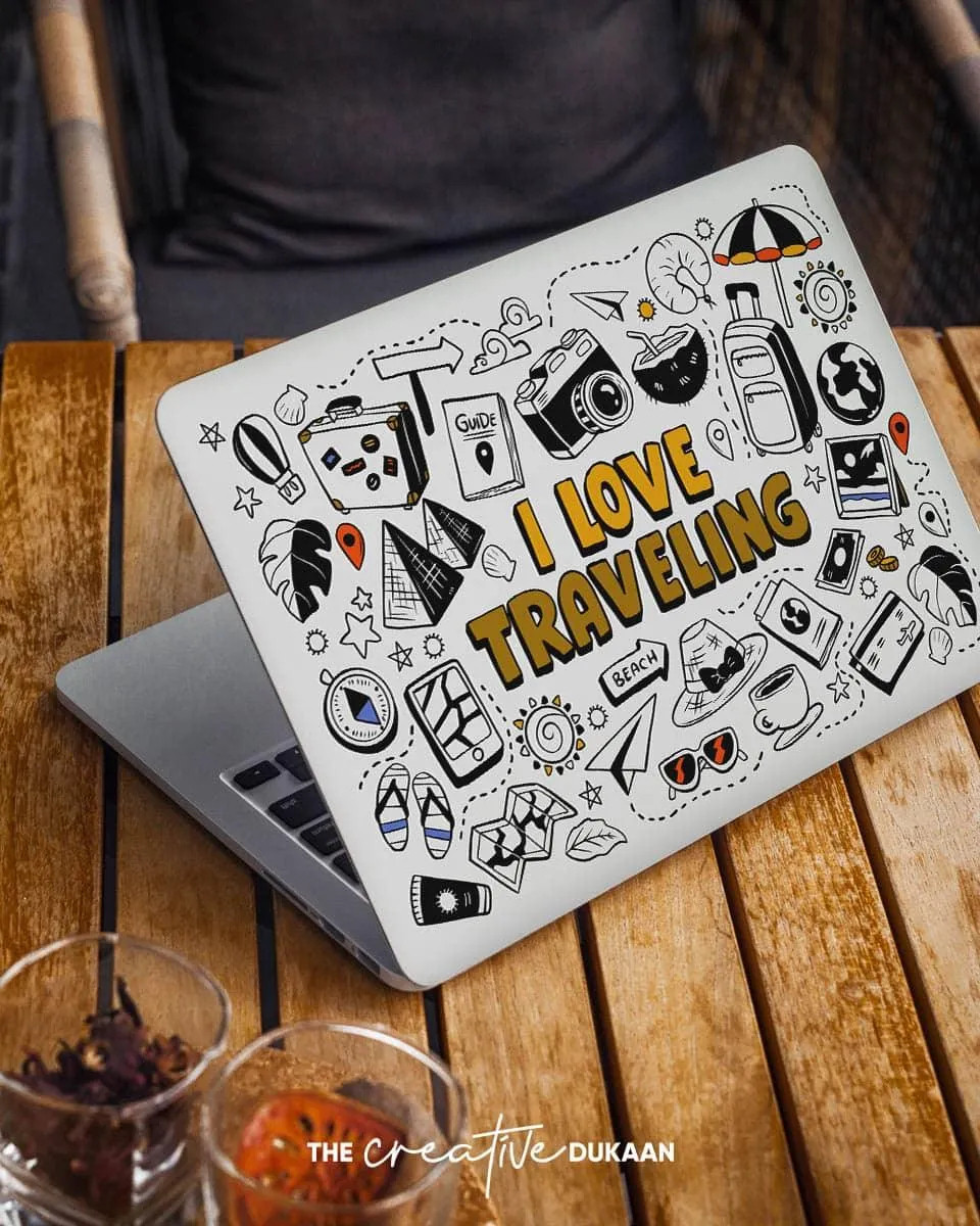 Travel Doodle Laptop Skin With Quote "I Love Traveling"