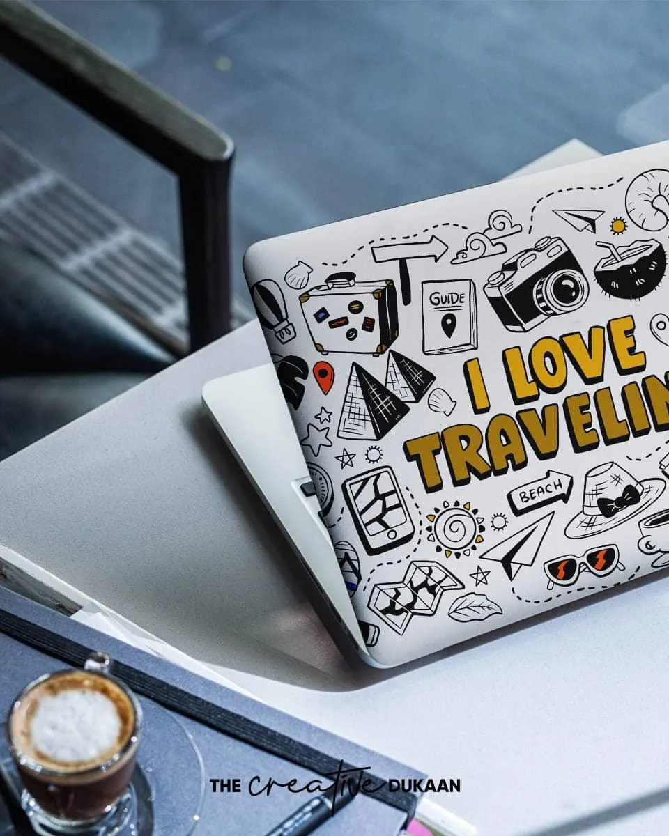 Travel Doodle Laptop Skin With Quote "I Love Traveling"