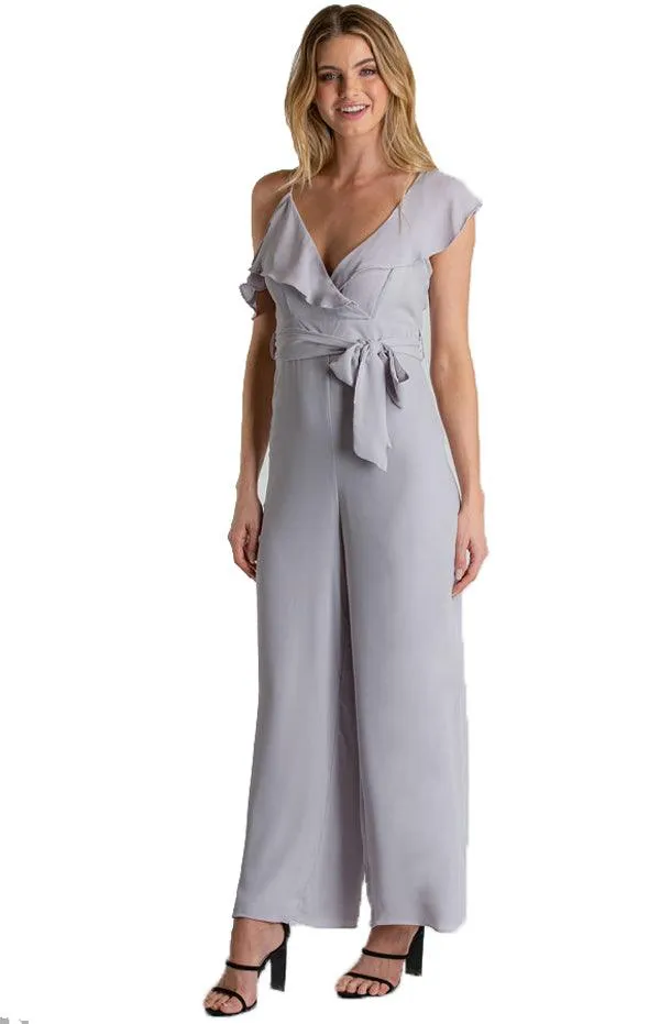 Women's Grey Asymmetrical Neckline Jumpsuit with Ruffle Detail