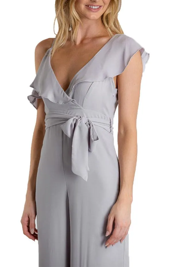 Women's Grey Asymmetrical Neckline Jumpsuit with Ruffle Detail