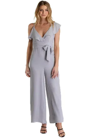 Women's Grey Asymmetrical Neckline Jumpsuit with Ruffle Detail