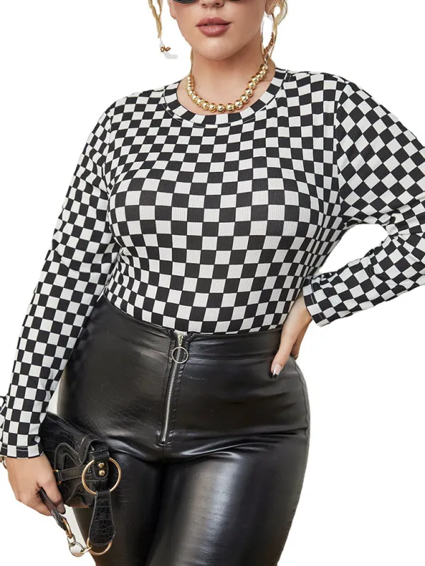 Women's Plus Size Long Sleeve Crew Neck Check Print Top