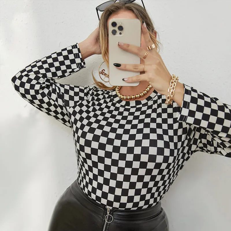 Women's Plus Size Long Sleeve Crew Neck Check Print Top